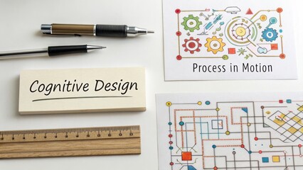 Creative workspace featuring cognitive design concept illustrations and stationery items on a clean desk for productivity enhancement