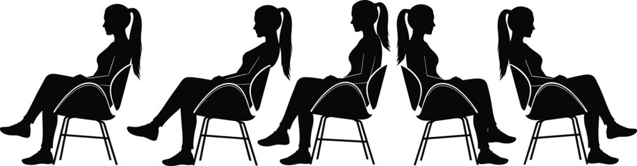 Silhouette of women sitting on chairs in a row, vector illustration of waiting room, audience, business meeting, and interview line.