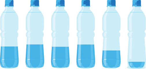 Vector set of plastic water bottles with decreasing liquid levels, illustration of fresh mineral drinking water and hydration process.