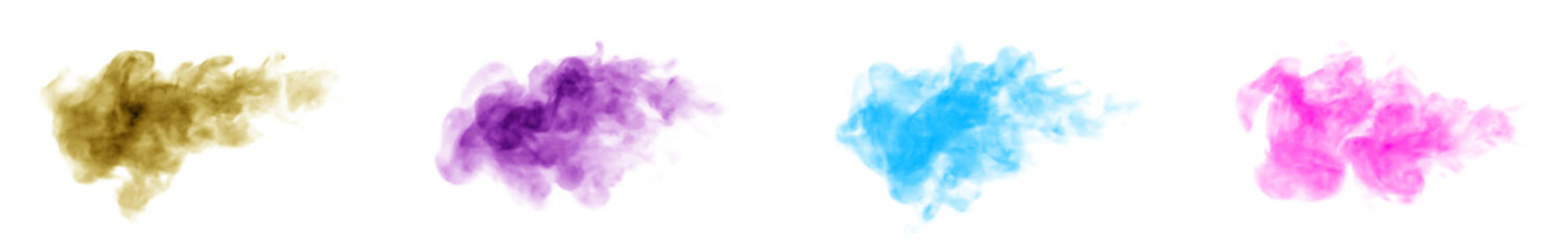 Colorful isolated smoke in gold, purple, blue and pink on white background. Perfect for graphic design, creative editing, visual effects and digital art that requires a bright atmospheric texture.