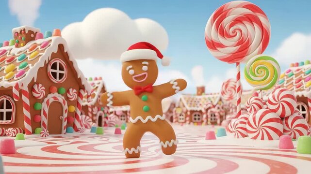 Gingerbread man in a candy land with gingerbread houses and lollipops on a bright and sunny day