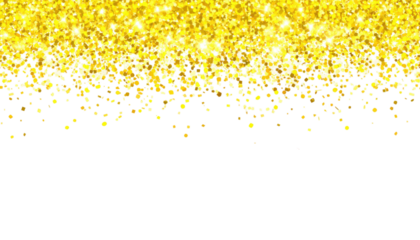 Yellow glitter falling in scattered sparkling motion with bright shimmering particles creating dynamic festive shine effect isolated on white background