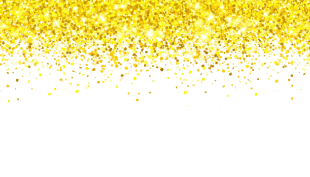 Yellow glitter falling in scattered sparkling motion with bright shimmering particles creating dynamic festive shine effect isolated on white background