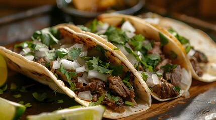 Close up of three tacos filled with meat onions and cilantro on a wooden surface with lime wedges
