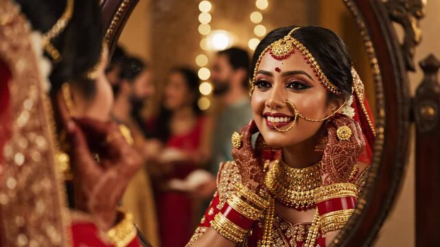 Indian Bride Reflection &mdash; Emotional Closeup in Vintage Mirror with Gold Jewelry
