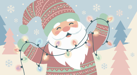  Gnome With Christmas Lights
Modern flat illustration of a joyful Christmas gnome tangled in glowing string lights, pastel winter tones, minimal flat design, Scandinavian folk art influence, h