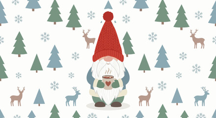 Cozy Winter Gnome
Flat illustration of a cute Christmas gnome wearing a red knit hat, long white beard, holding a warm cocoa mug, soft winter color palette, minimalistic Scandinavian style, cl