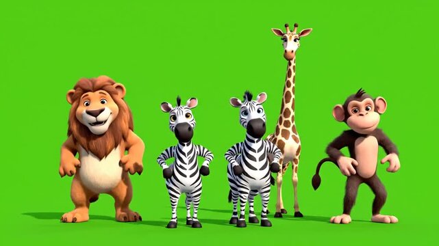 Animated Safari Animals Lineup on Green Screen for Easy Compositing