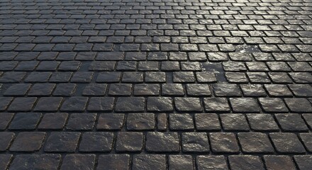 Wet cobblestone pavement with a flat repeating pattern and slight perspective