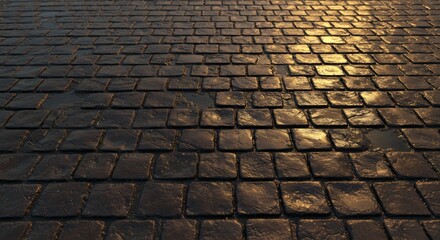 Wet cobblestone road with golden reflections