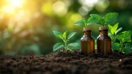 Two Amber Bottles with Growing Plants in Soil