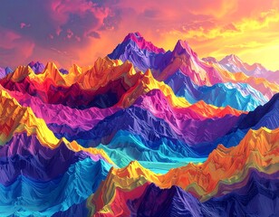 Colorful abstract mountainscape against a bright, vibrant sunset sky with dramatic clouds