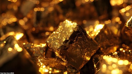 Close up view of shiny gold nuggets with blurred background and bright highlights on the surface