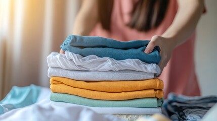 Woman Folding Clean Laundry Stacked Neatly