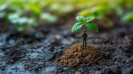 Miniature Person Nurturing a Growing Plant in Soil