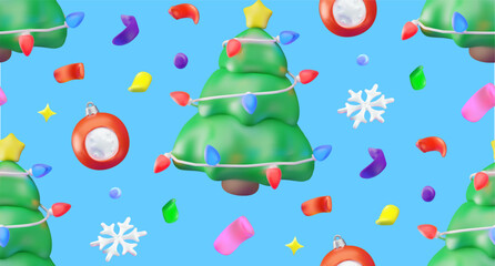 Seamless pattern with 3D elements for Christmas and New Year. Festive background with a Christmas tree and garland, a Christmas tree ornament, a snowflake, and confetti. 3D vector.
