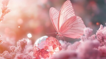 Pink Butterfly Perched on Gemstone Amidst Soft Pink Flora