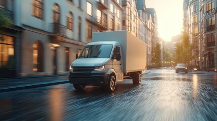 Delivery Van Driving Through City Streets at Dusk