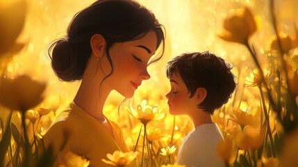Mother and Child in Golden Flower Field