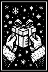 Christmas gift box present with snowflake Linocut illustration and ribbon bow decoration for holiday celebration