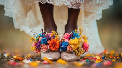 Bride's Shoes Adorned with Vibrant Floral Arrangements