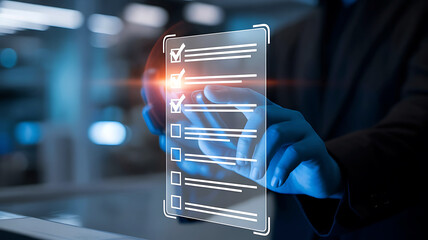 Business checklist on glass display with completed tasks and futuristic interface design