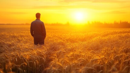 Man Standing in Golden Wheat Field at Sunset