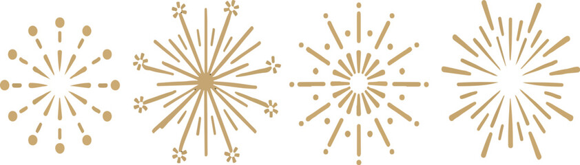 Four golden vector starbursts celebrating an event with radial burst lines on a black background