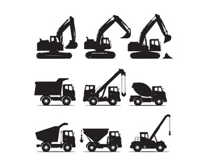 construction vehicles silhouette, construction vector set, heavy vehicles silhouette, excavator silhouette, bulldozer silhouette, crane silhouette, dump truck silhouette, loader silhouette,