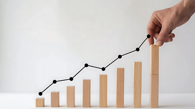 Business growth and progress with hand stacking wooden blocks and an ascending graph line