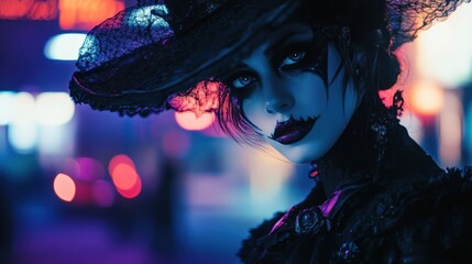 Ethereal Gothic Woman with Dramatic Makeup and Lace Hat