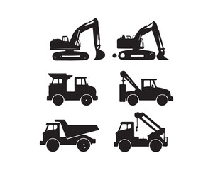 construction vehicles silhouette, construction vector set, heavy vehicles silhouette, excavator silhouette, bulldozer silhouette, crane silhouette, dump truck silhouette, loader silhouette,