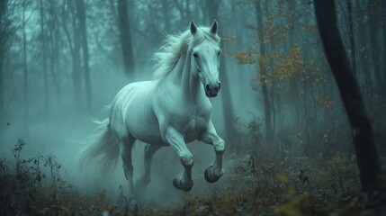 Majestic White Horse Galloping Through Misty Forest