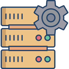Server rack with a gear icon on top symbolizing data center maintenance and IT infrastructure management in a clean flat design style