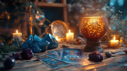 Mystical Fortune Telling Setup with Tarot Cards and Crystals
