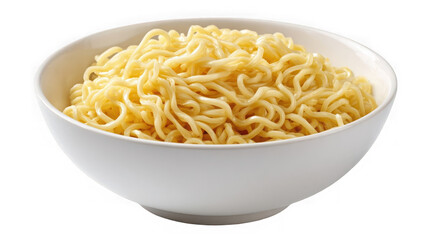 A white bowl filled with cooked instant ramen noodles, isolated on transparent background