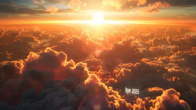 Aerial view of clouds during sunset with bright sun and text bye on the bottom right corner