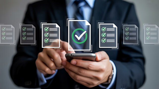 Businessman using mobile app for task management and verification on digital interface
