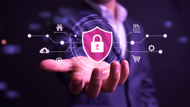 Cyber security concept with a shield and lock on a hand symbolizing protection and digital safety