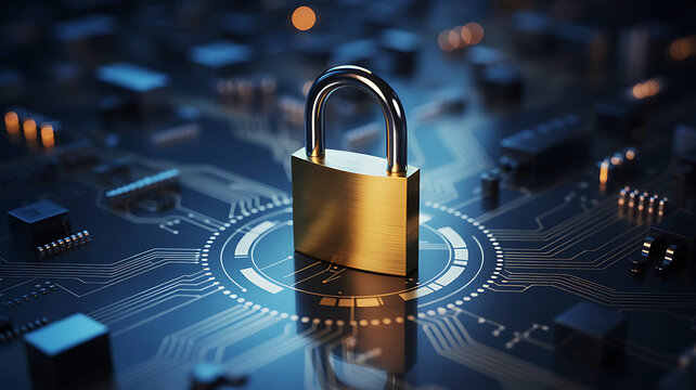 Cybersecurity concept with golden padlock on a modern blue circuit board for data protection and digital safety