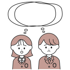 悩んでいる男女学生のイラスト　考え事　吹き出し