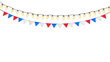 String of festive yellow light bulbs and red, white, and blue pennant banner flags hanging against a transparent background for celebration