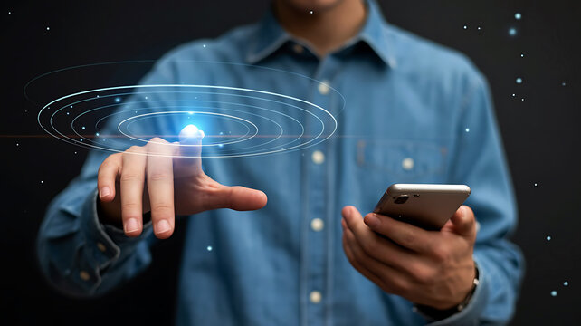 Man using smartphone interacting with holographic augmented reality technology symbolizing innovation and modern communication