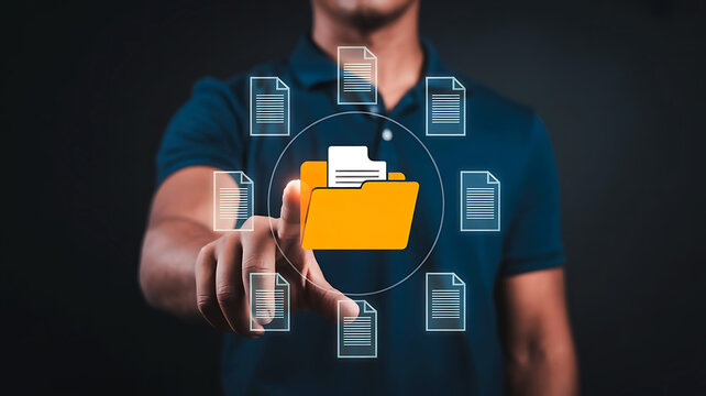 Man touching digital folder icon showcasing file management data organization and cloud storage solutions