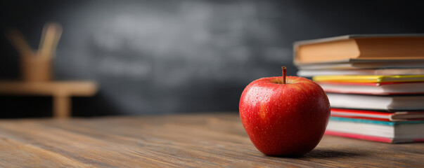Apple school classroom learning education quietly inspires wooden desk near books and chalkboard