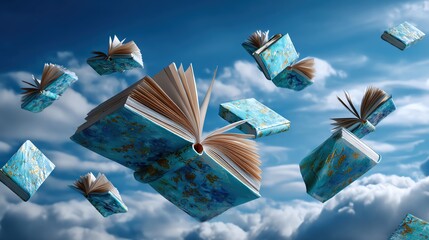 Floating books in a blue sky convey the magic of reading and limitless imagination, inspiring creativity and knowledge.