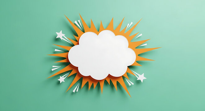 Exploding comic book style speech bubble with stars and rays on teal background