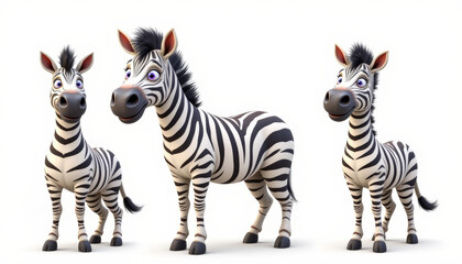 Obraz premium Zebra cartoon animal stripe cute trio white background safari wildlife with playful charm and friendly mood