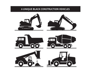 construction vehicles silhouette, construction vector set, heavy vehicles silhouette, excavator silhouette, bulldozer silhouette, crane silhouette, dump truck silhouette, loader silhouette,