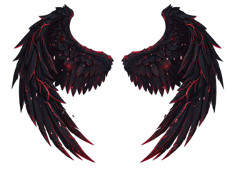 Pair Of Pixel Art Dark Angel Wings With Fiery Red Glowing Embers And Sparks Against A Transparent Background Detailed Feather Texture